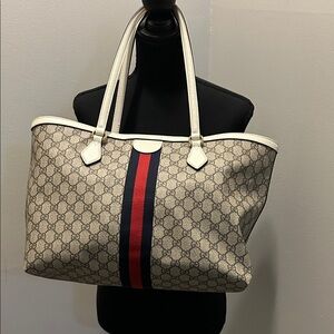 Gucci Ophidia Beige Monogram Tote with Red and Blue Accent